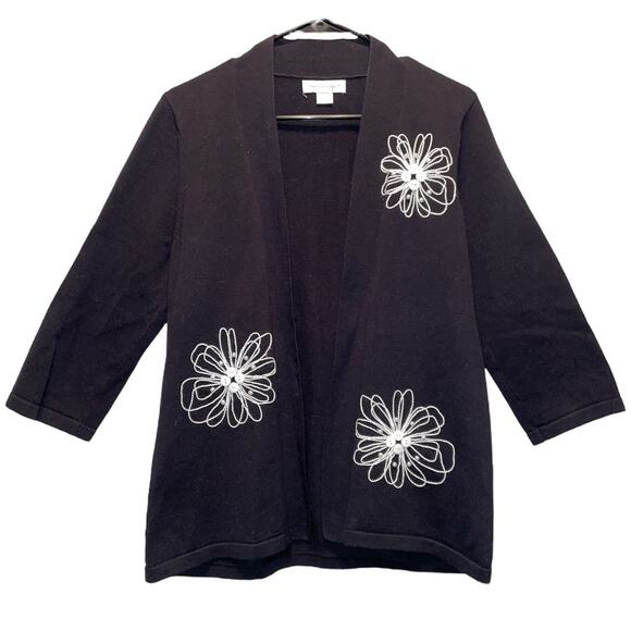 Christopher & Banks Black Open Cardigan w/Stitched White Flowers Medium - Picture 1 of 6